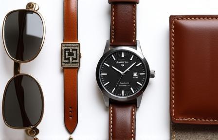 A curated collection of essential men's accessories including a watch, belt, sunglasses, and wallet.