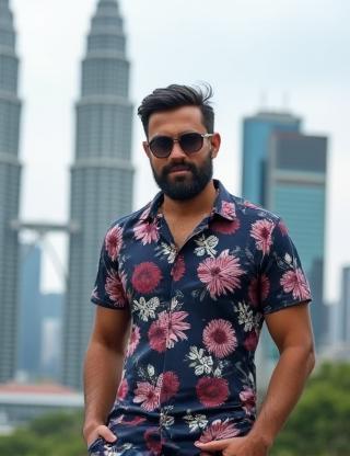 Aiman confidently wearing an Urban Threads MY shirt with the iconic KLCC twin towers in the background.