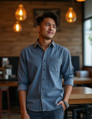 Danial exuding smart casual charm in an Urban Threads MY shirt at a trendy cafe in Malaysia.