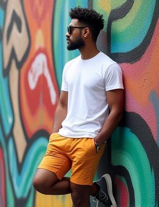 Ravi looking stylish in Urban Threads MY shorts while posing with vibrant street art in George Town, Penang.